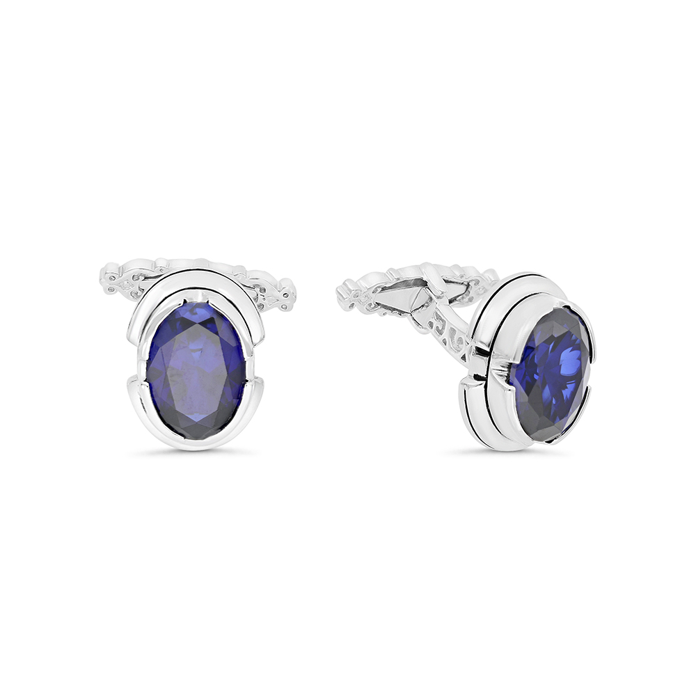 Sterling Silver 925 Cufflink Rhodium And Black Plated Embedded With Sapphire Corundum 