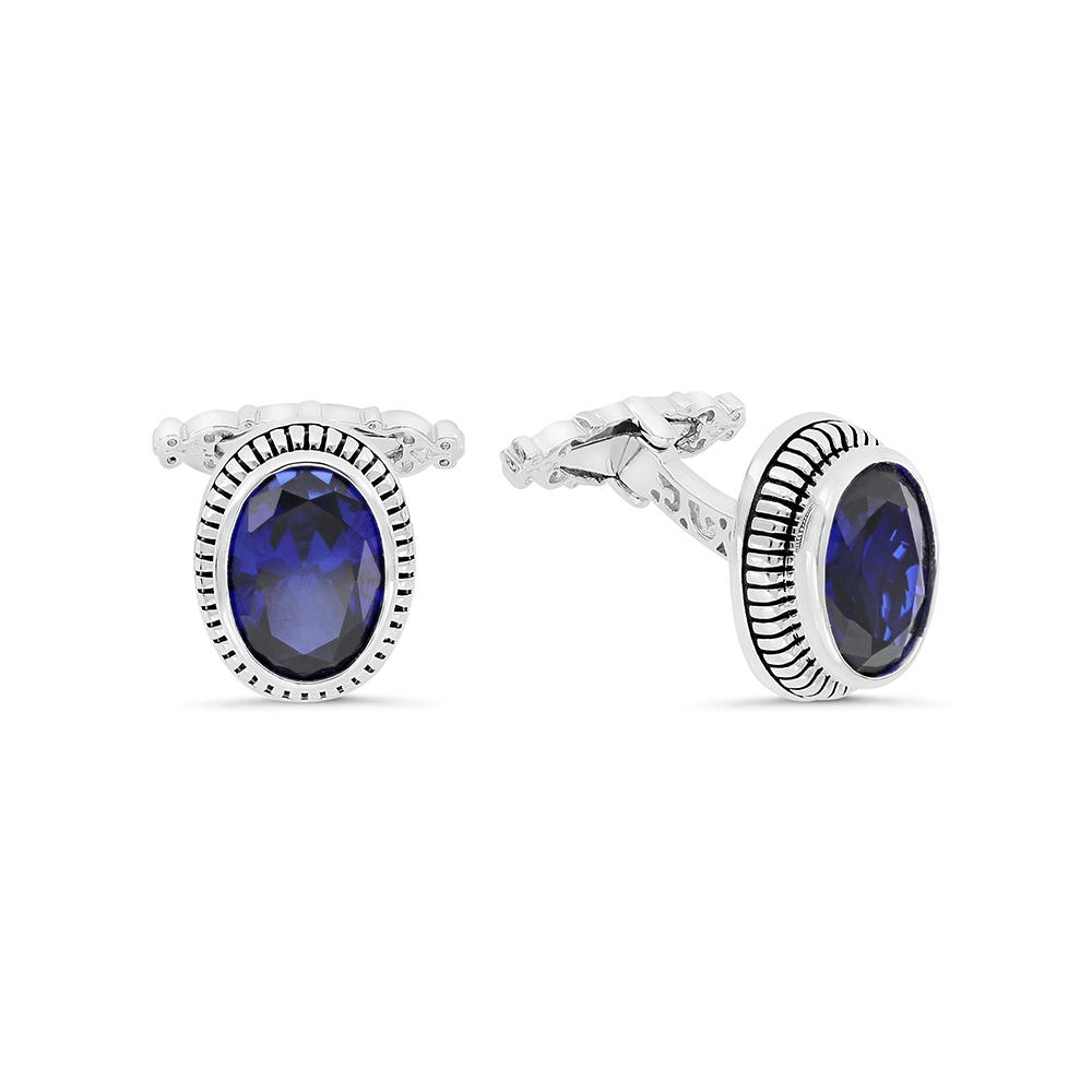 Sterling Silver 925 Cufflink Rhodium And Black Plated Embedded With Sapphire Corundum 