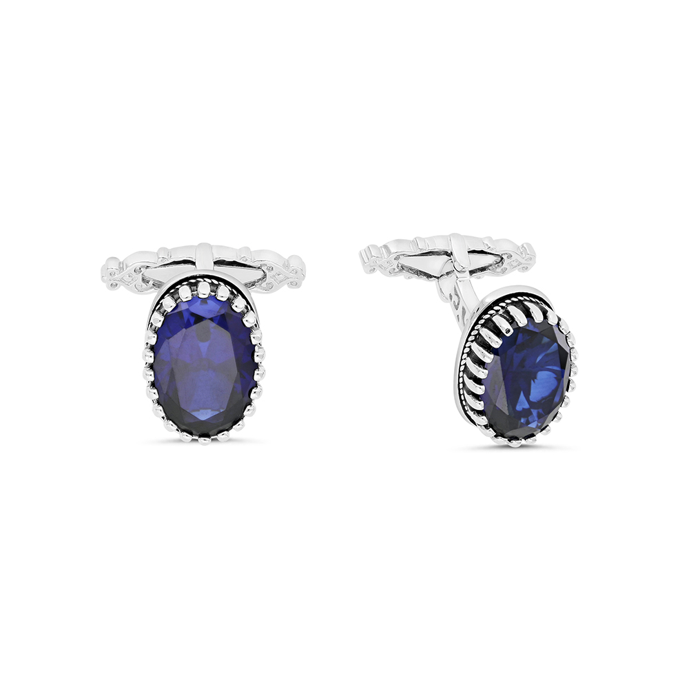 Sterling Silver 925 Cufflink Rhodium And Black Plated Embedded With Sapphire Corundum 