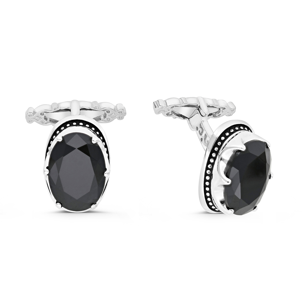 Sterling Silver 925 Cufflink Rhodium And Black Plated Embedded With Black Spinel Stone 