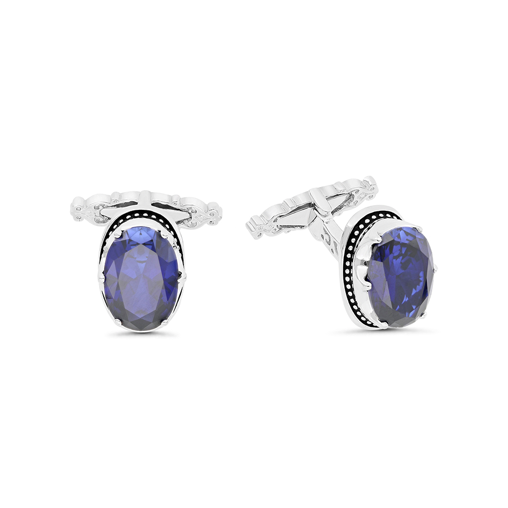 Sterling Silver 925 Cufflink Rhodium And Black Plated Embedded With Sapphire Corundum 