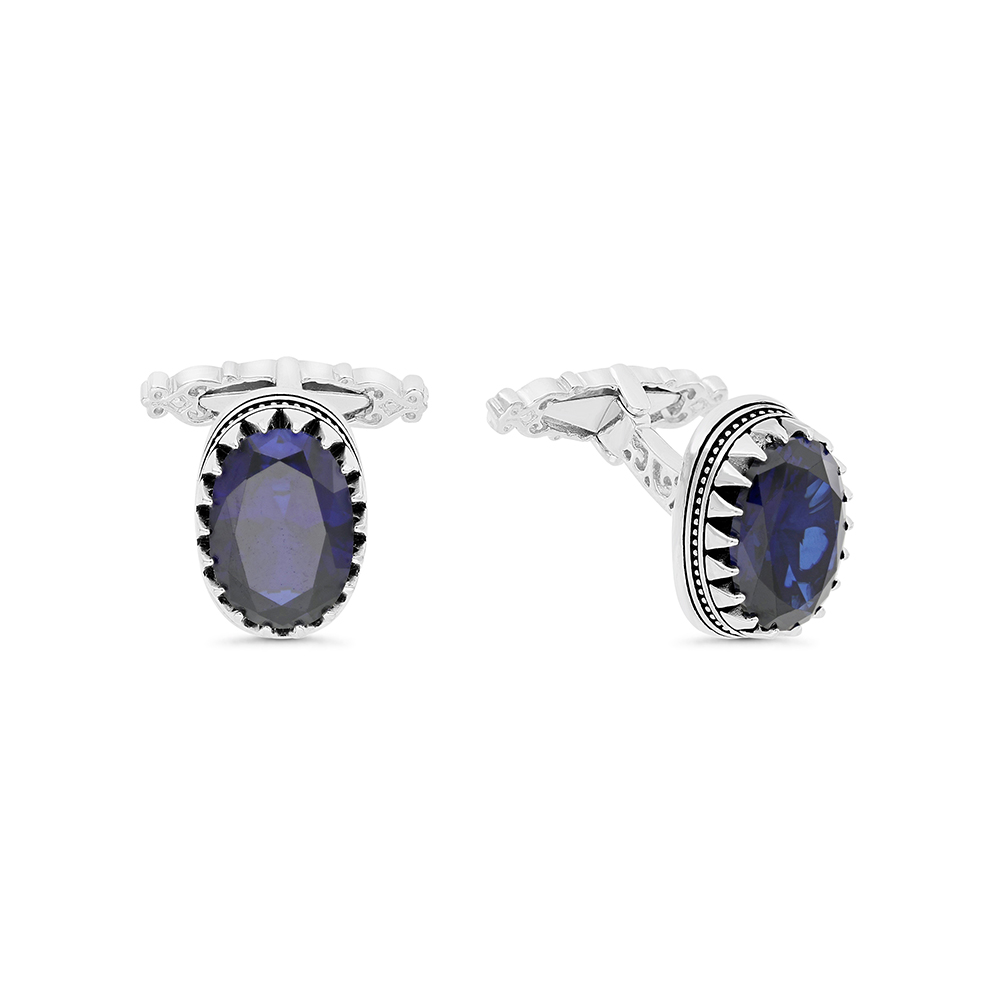 Sterling Silver 925 Cufflink Rhodium And Black Plated Embedded With Sapphire Corundum 