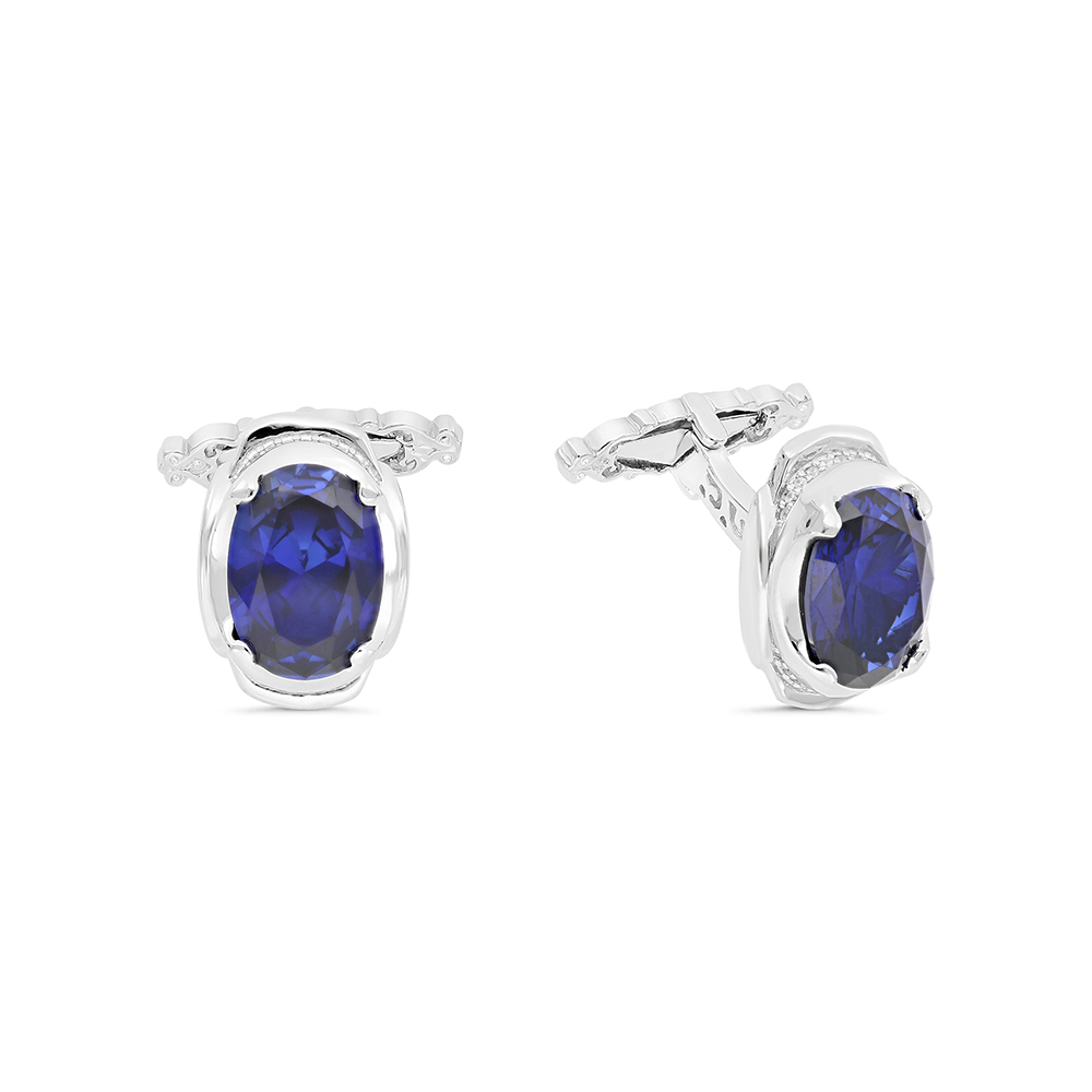 Sterling Silver 925 Cufflink Rhodium Plated Embedded With Sapphire Corundum And White Zircon