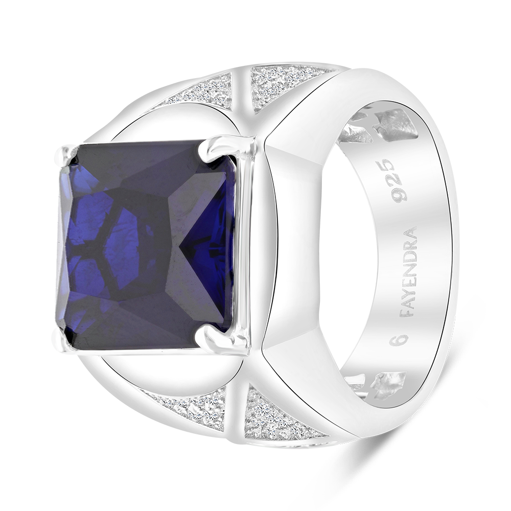 Sterling Silver 925 Ring Rhodium Plated Embedded With Sapphire Corundum For Men And White CZ