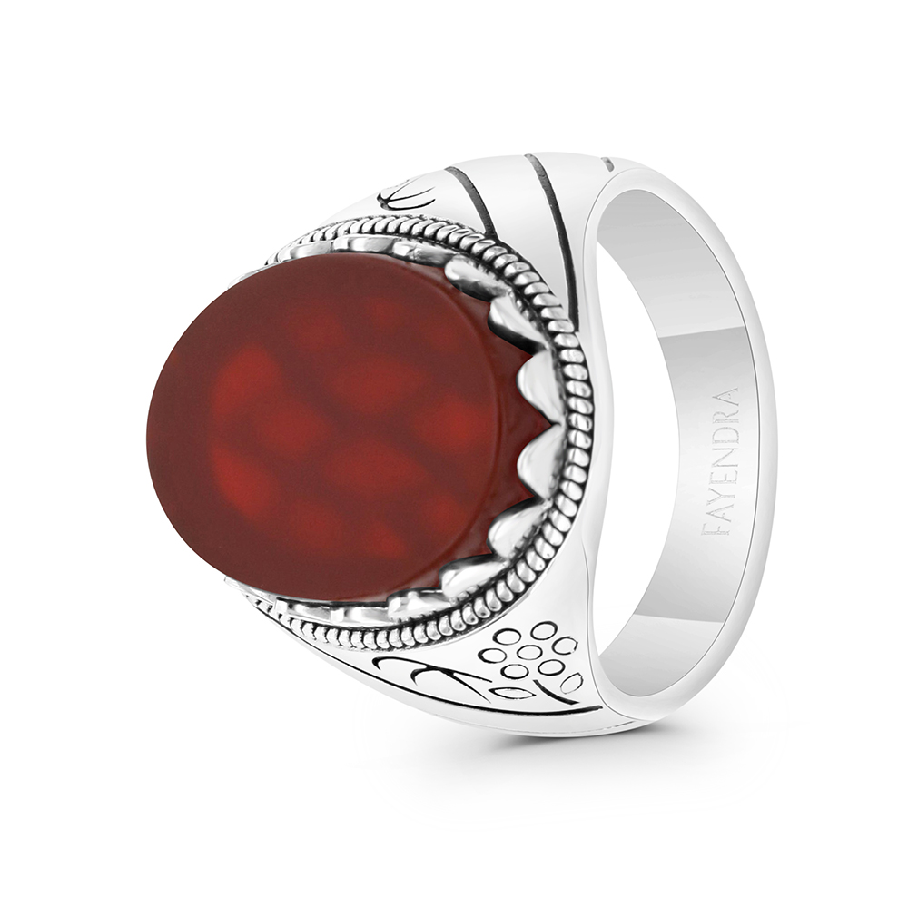 Sterling Silver 925 Ring Rhodium And Black Plated Embedded With Red Natural Aqiq For Men