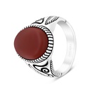 Sterling Silver 925 Ring Rhodium And Black Plated Embedded With Red Natural Aqiq For Men