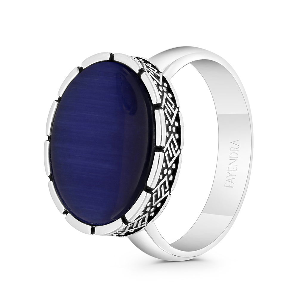 Sterling Silver 925 Ring Rhodium And Black Plated Embedded With Blue Tiger Eye For Men 