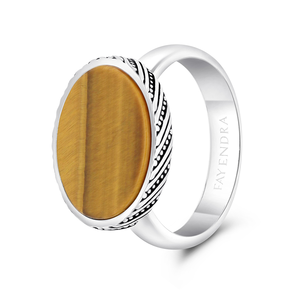 Sterling Silver 925 Ring Rhodium And Black Plated Embedded With Yellow Tiger Eye For Men