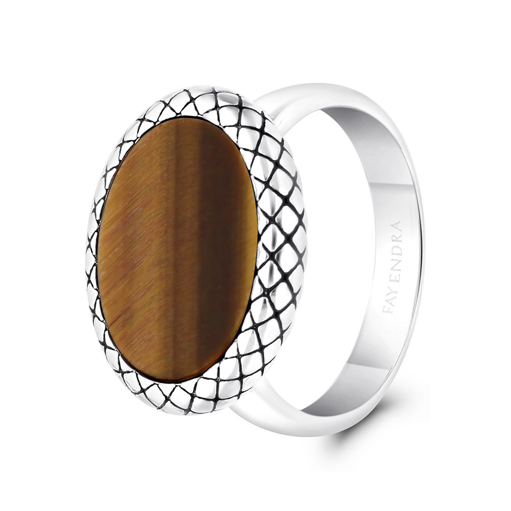 Sterling Silver 925 Ring Rhodium And Black Plated Embedded With Yellow Tiger Eye For Men