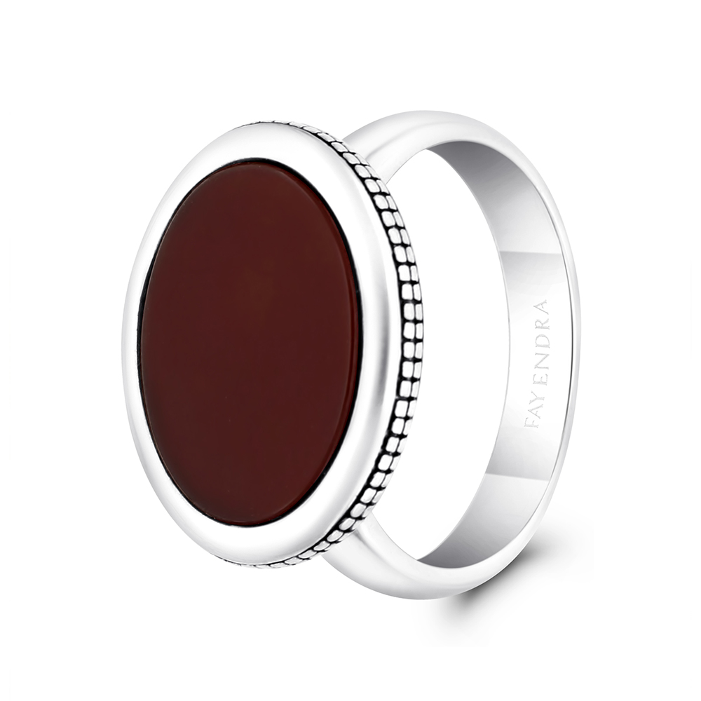 Sterling Silver 925 Ring Rhodium And Black Plated Embedded With Red Natural Aqiq For Men