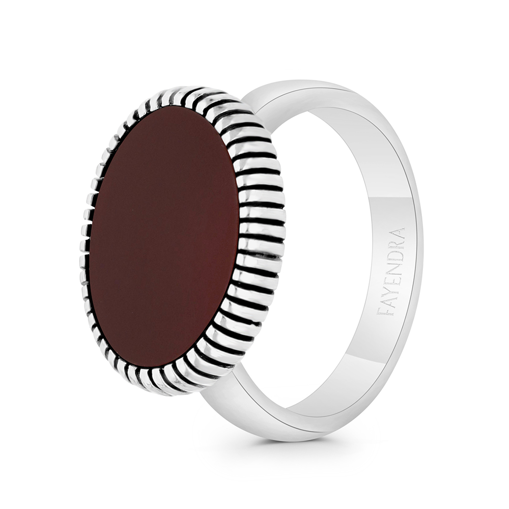 Sterling Silver 925 Ring Rhodium And Black Plated Embedded With Red Natural Aqiq For Men