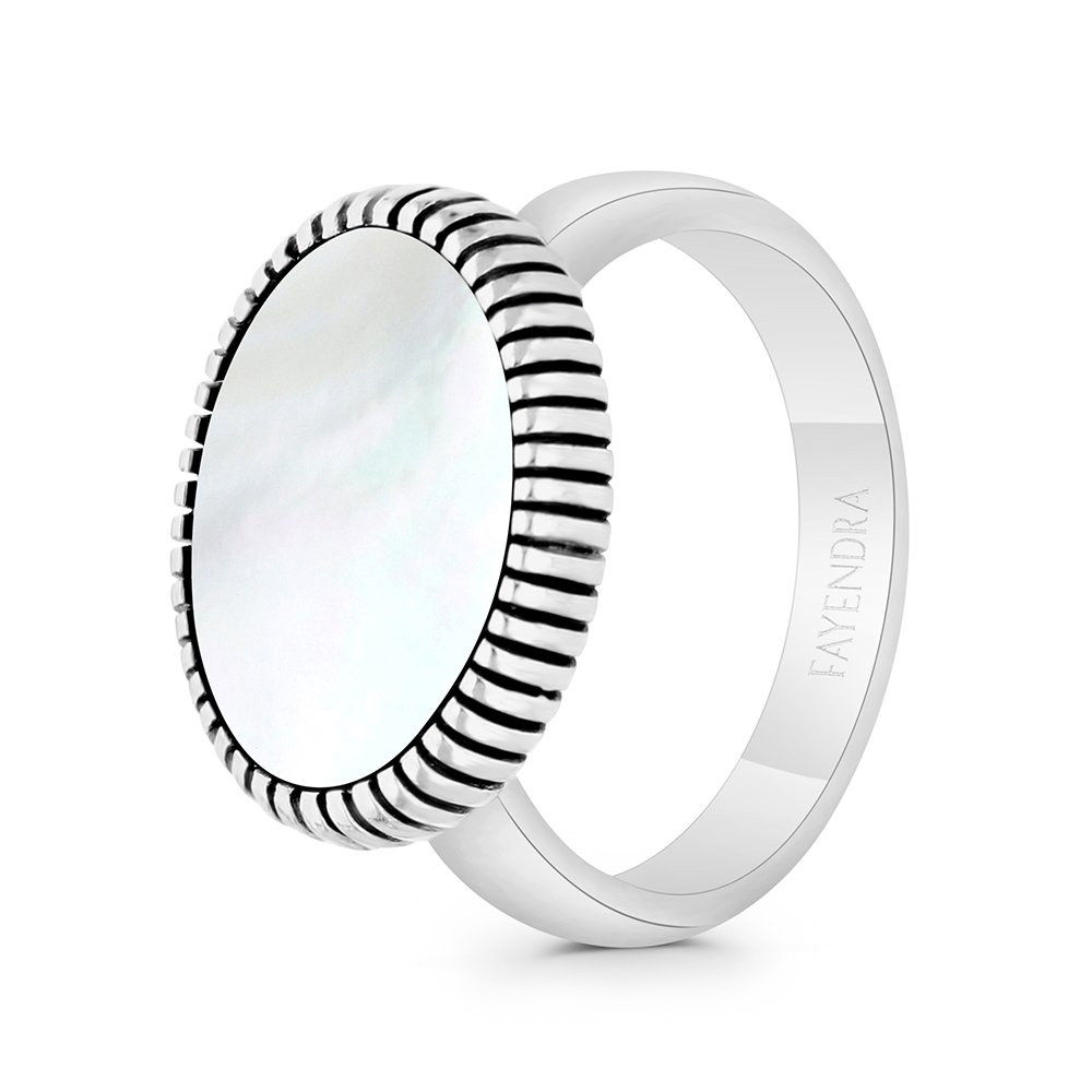Sterling Silver 925 Ring Rhodium And Black Plated Embedded With White Shell  For Men