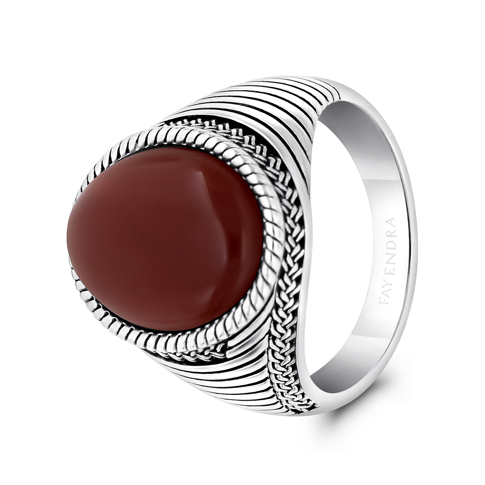 Sterling Silver 925 Ring Rhodium And Black Plated Embedded With Red Natural Aqiq For Men