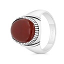 Sterling Silver 925 Ring Rhodium And Black Plated Embedded With Red Natural Aqiq For Men