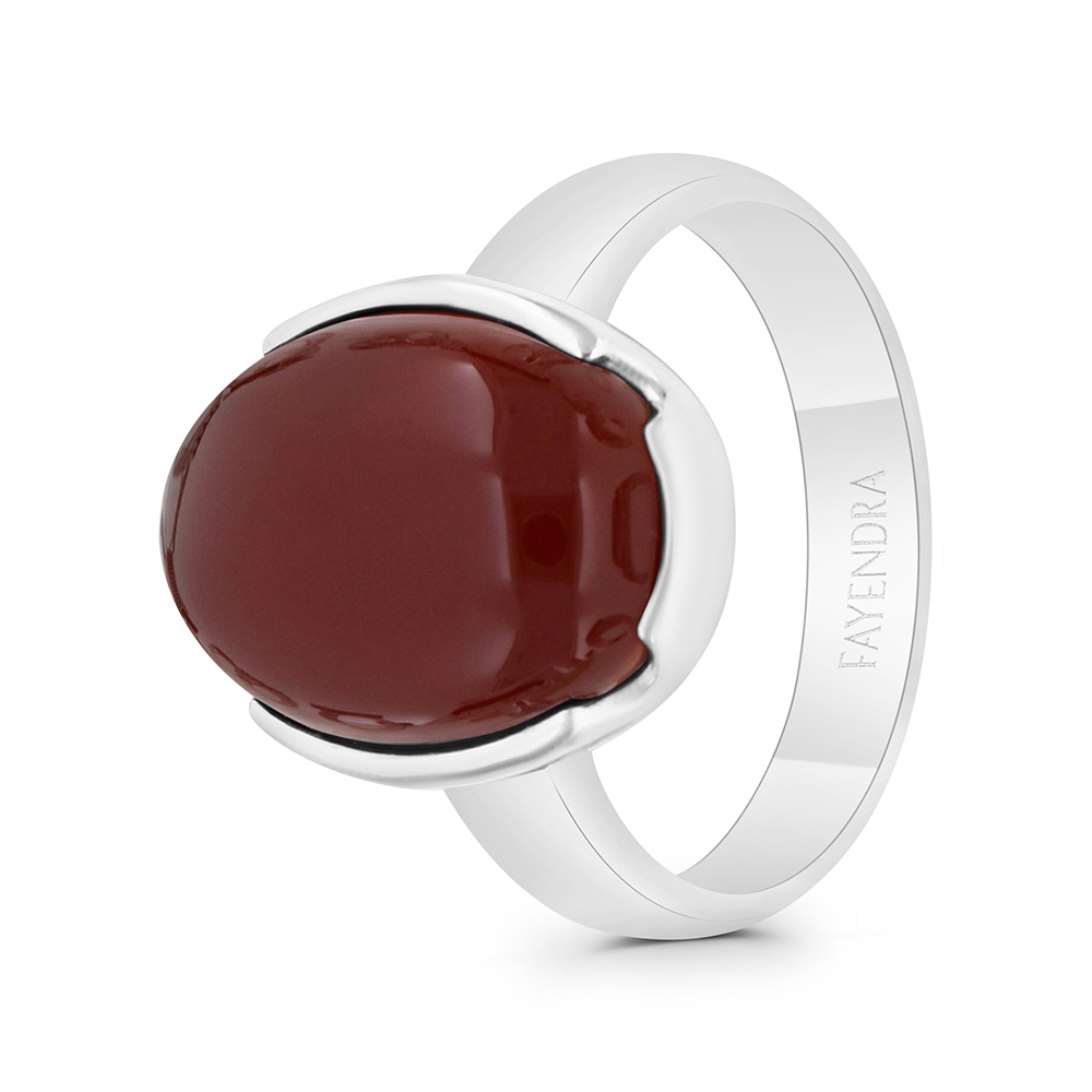 Sterling Silver 925 Ring Rhodium Plated Embedded With Red Natural Aqiq For Men