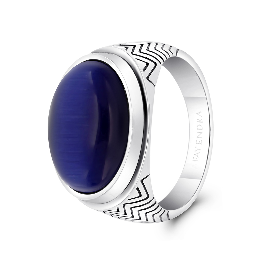 Sterling Silver 925 Ring Rhodium And Black Plated Embedded With Blue Tiger Eye For Men