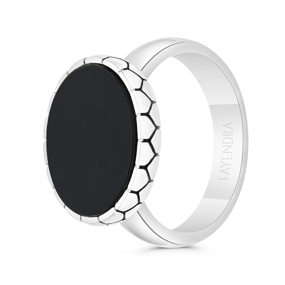 Sterling Silver 925 Ring Rhodium And Black Plated Embedded With Black Agate For Men