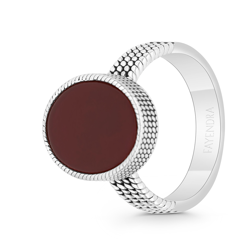 Sterling Silver 925 Ring Rhodium And Black Plated Embedded With Red Natural Aqiq For Men