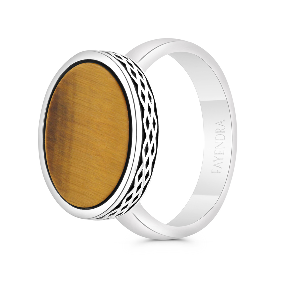 Sterling Silver 925 Ring Rhodium And Black Plated Embedded With Yellow Tiger Eye For Men