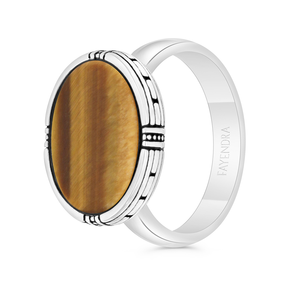 Sterling Silver 925 Ring Rhodium And Black Plated Embedded With Yellow Tiger Eye For Men