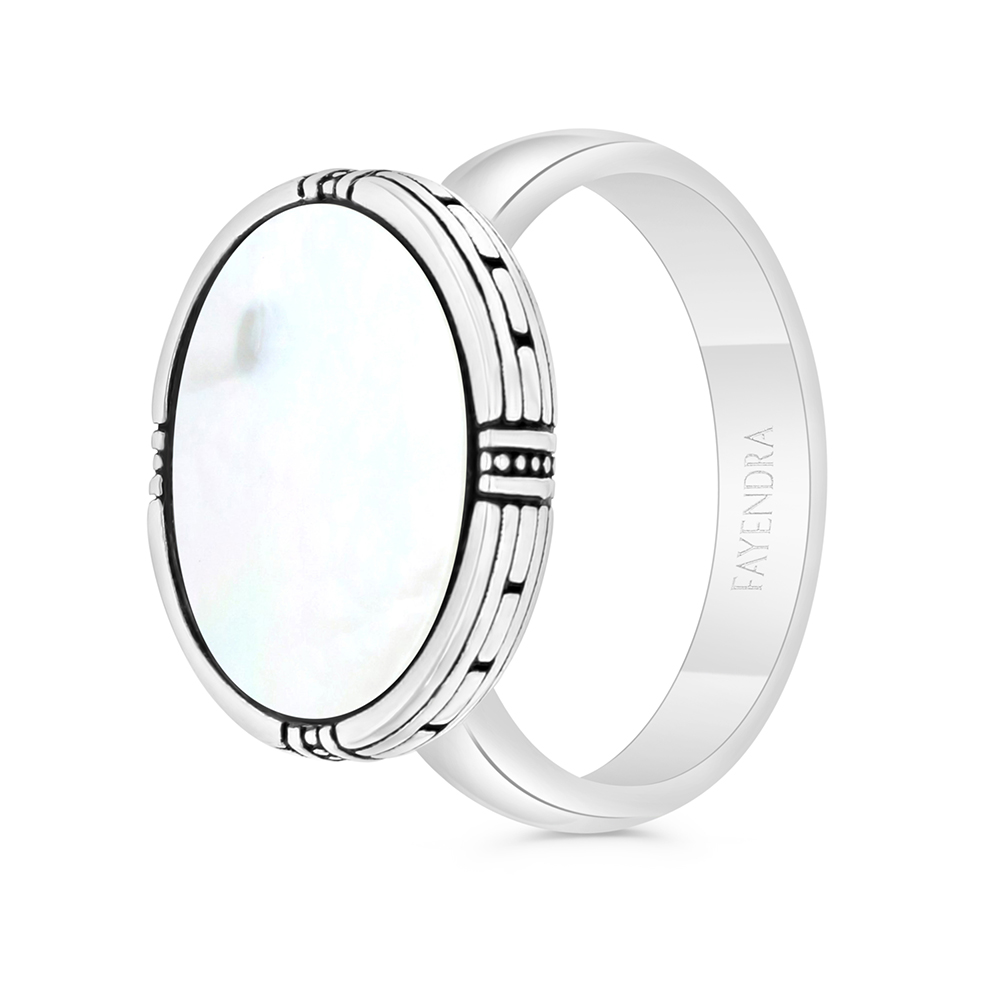 Sterling Silver 925 Ring Rhodium And Black Plated Embedded With White Shell  For Men