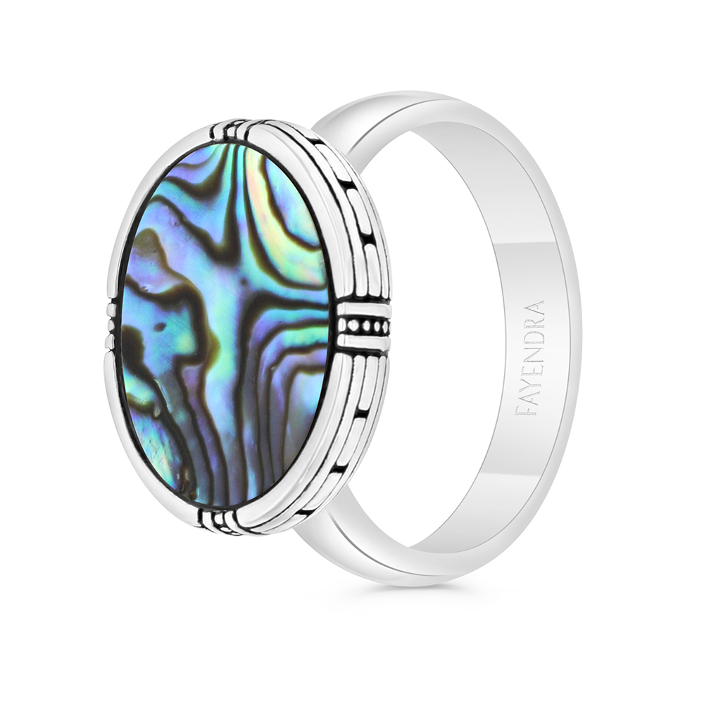 Sterling Silver 925 Ring Rhodium And Black Plated Embedded With Blue shell For Men 