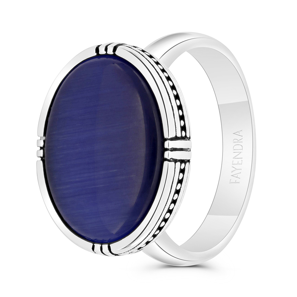 Sterling Silver 925 Ring Rhodium And Black Plated Embedded With Blue Tiger Eye For Men 