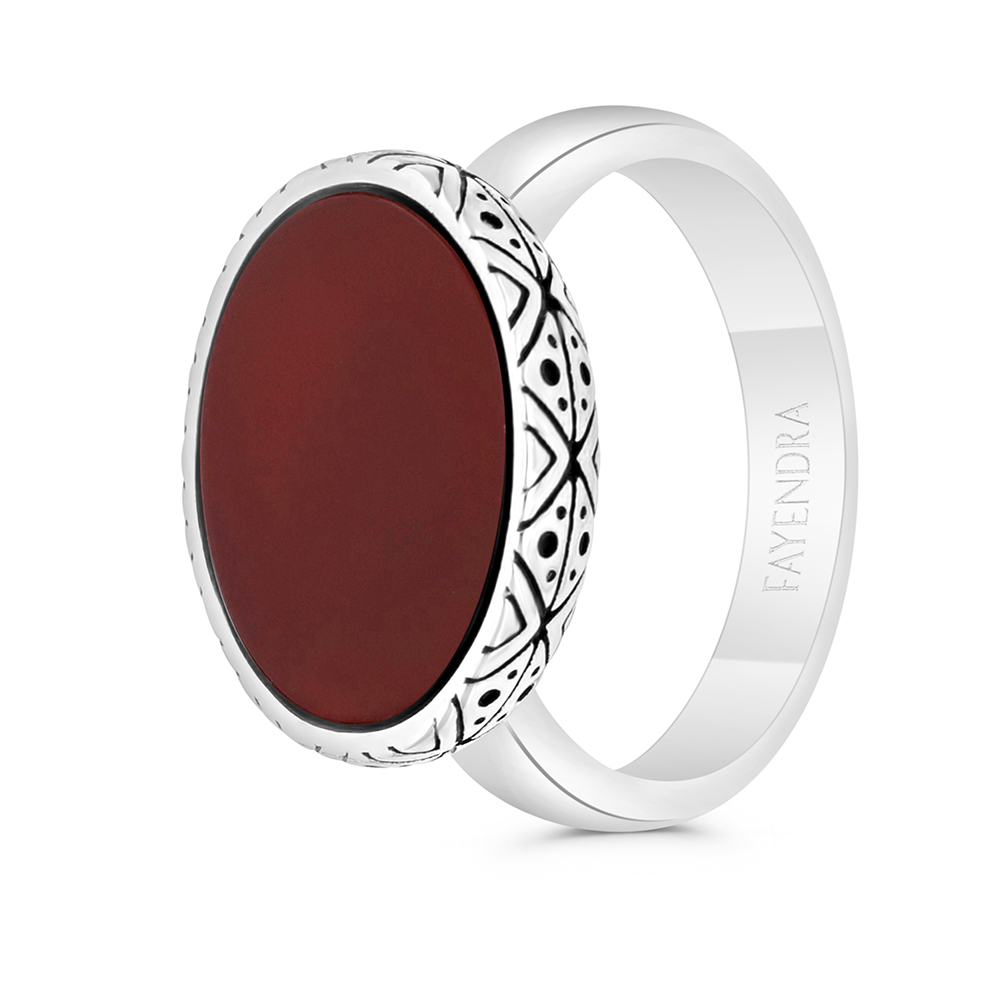 Sterling Silver 925 Ring Rhodium And Black Plated Embedded With Red Natural Aqiq For Men