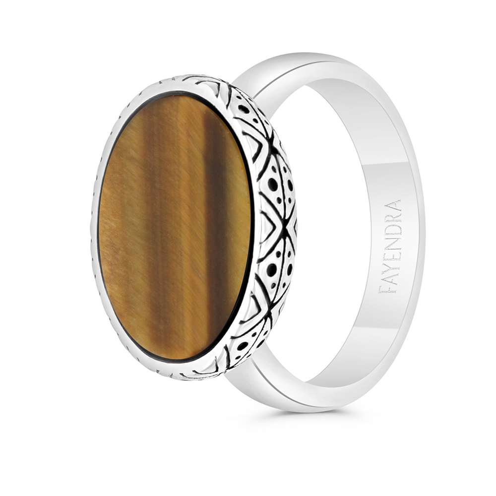 Sterling Silver 925 Ring Rhodium And Black Plated Embedded With Yellow Tiger Eye For Men