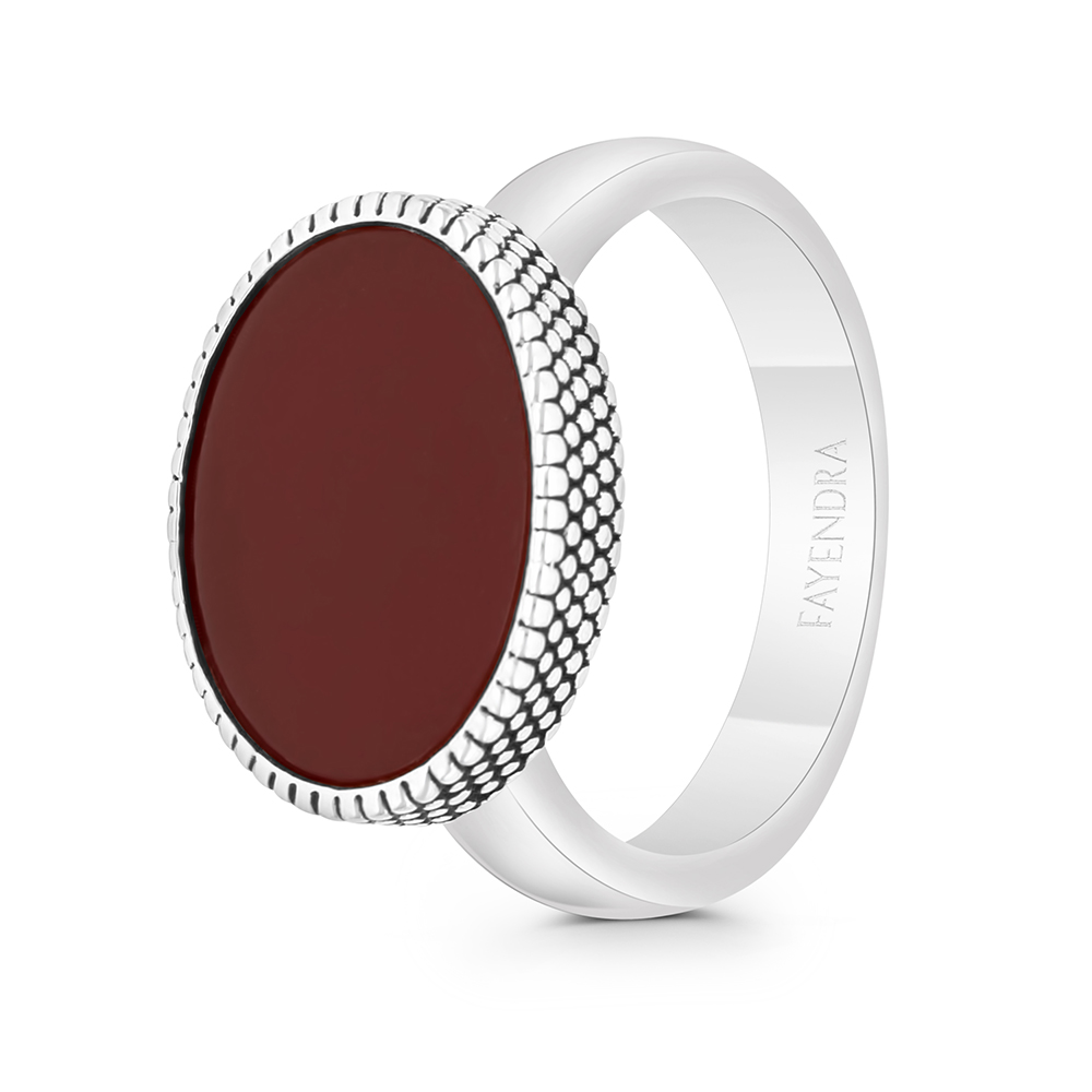 Sterling Silver 925 Ring Rhodium And Black Plated Embedded With Red Natural Aqiq For Men