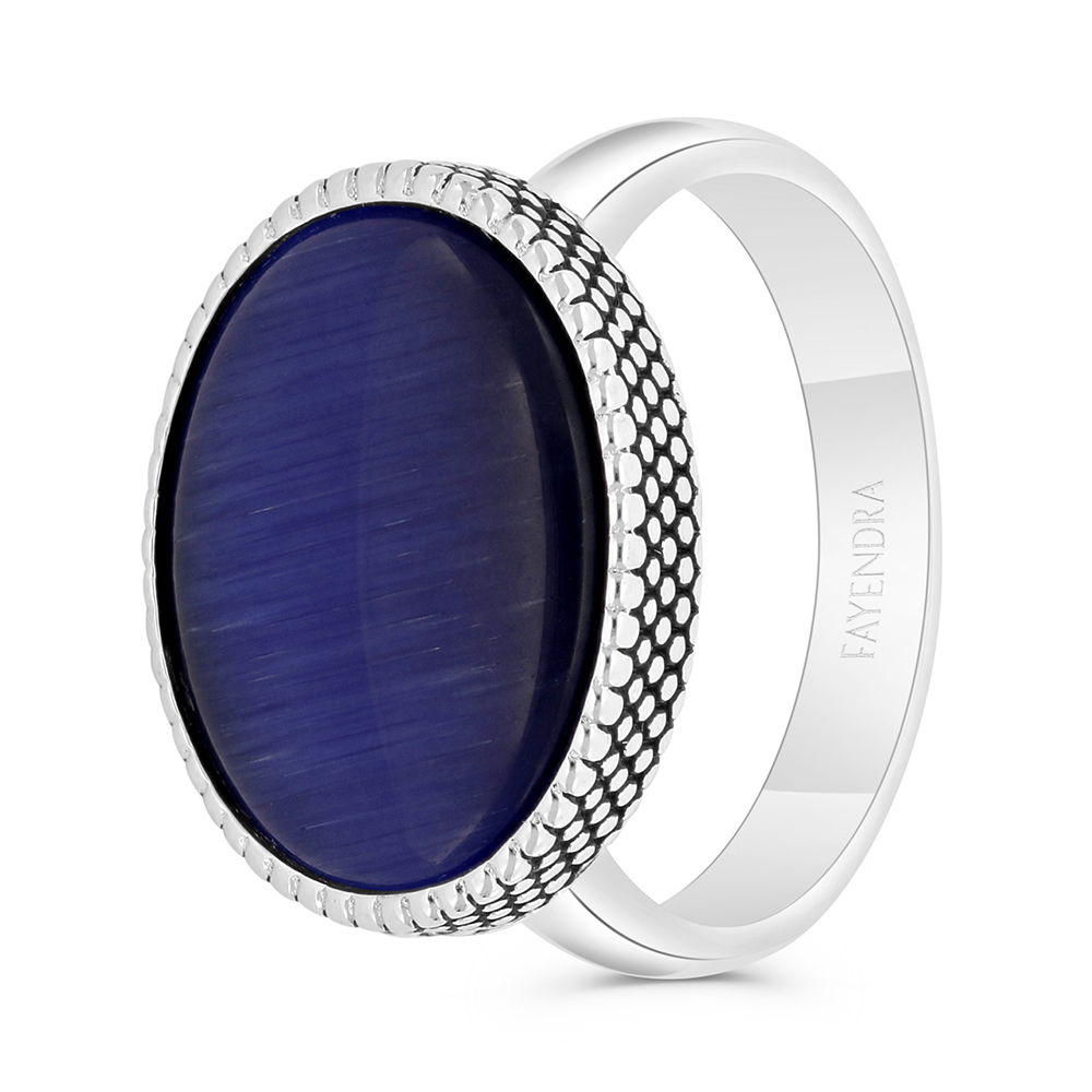 Sterling Silver 925 Ring Rhodium And Black Plated Embedded With Blue Tiger Eye For Men 