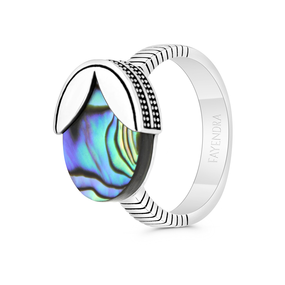 Sterling Silver 925 Ring Rhodium And Black Plated Embedded With Blue shell For Men 