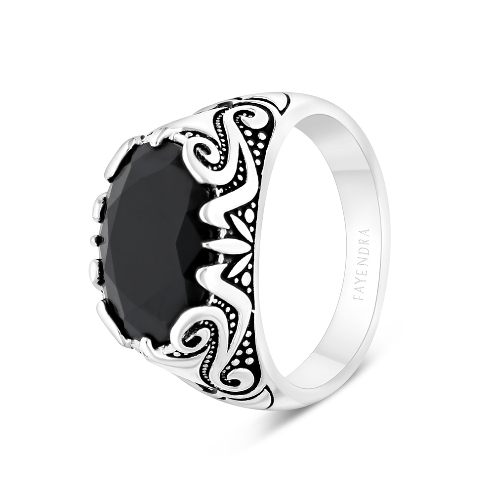 Sterling Silver 925 Ring Rhodium And Black Plated Embedded With Black CZ For Men