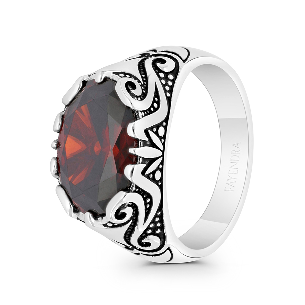 Sterling Silver 925 Ring Rhodium And Black Plated Embedded With Garnet Zircon For Men 