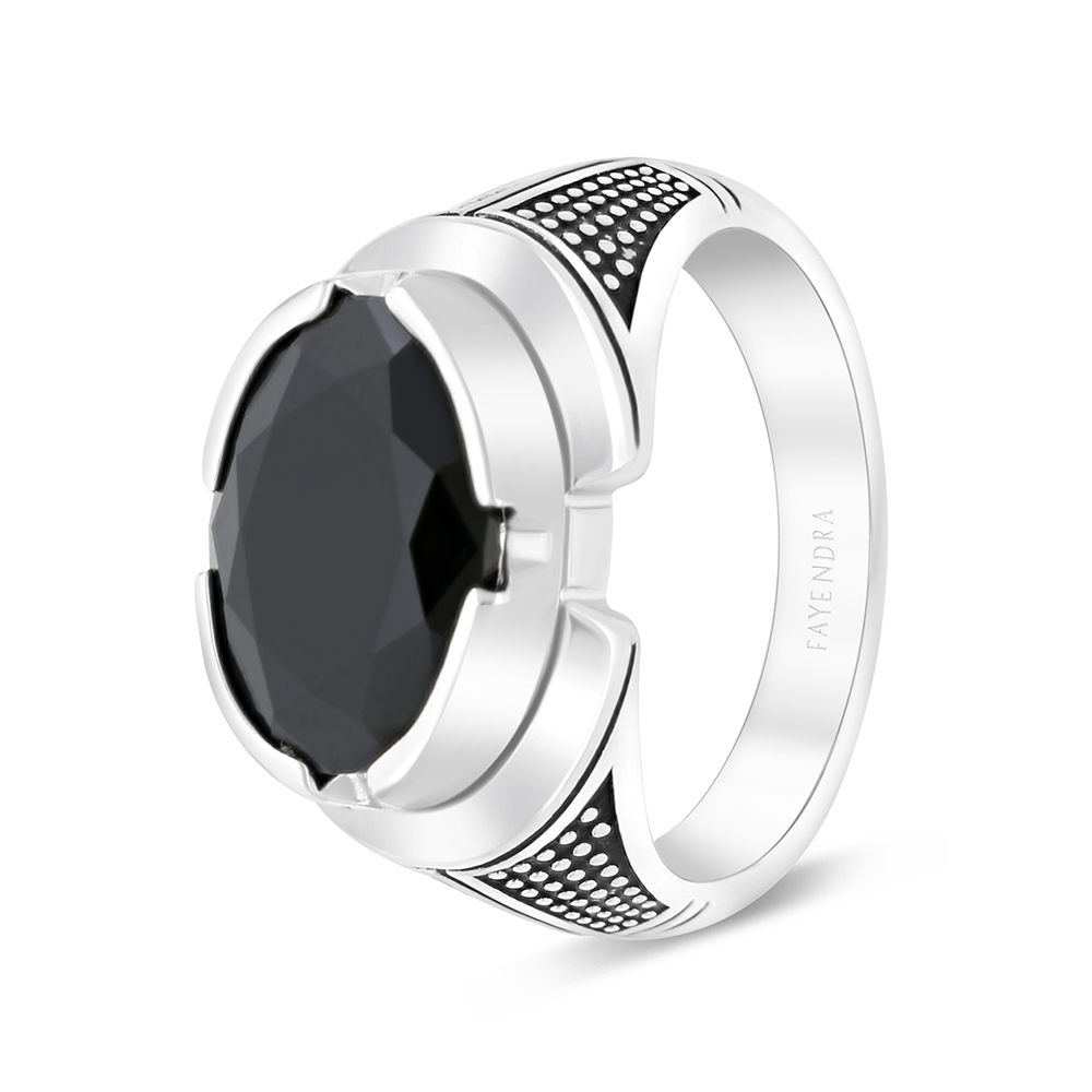 Sterling Silver 925 Ring Rhodium And Black Plated Embedded With Black CZ For Men