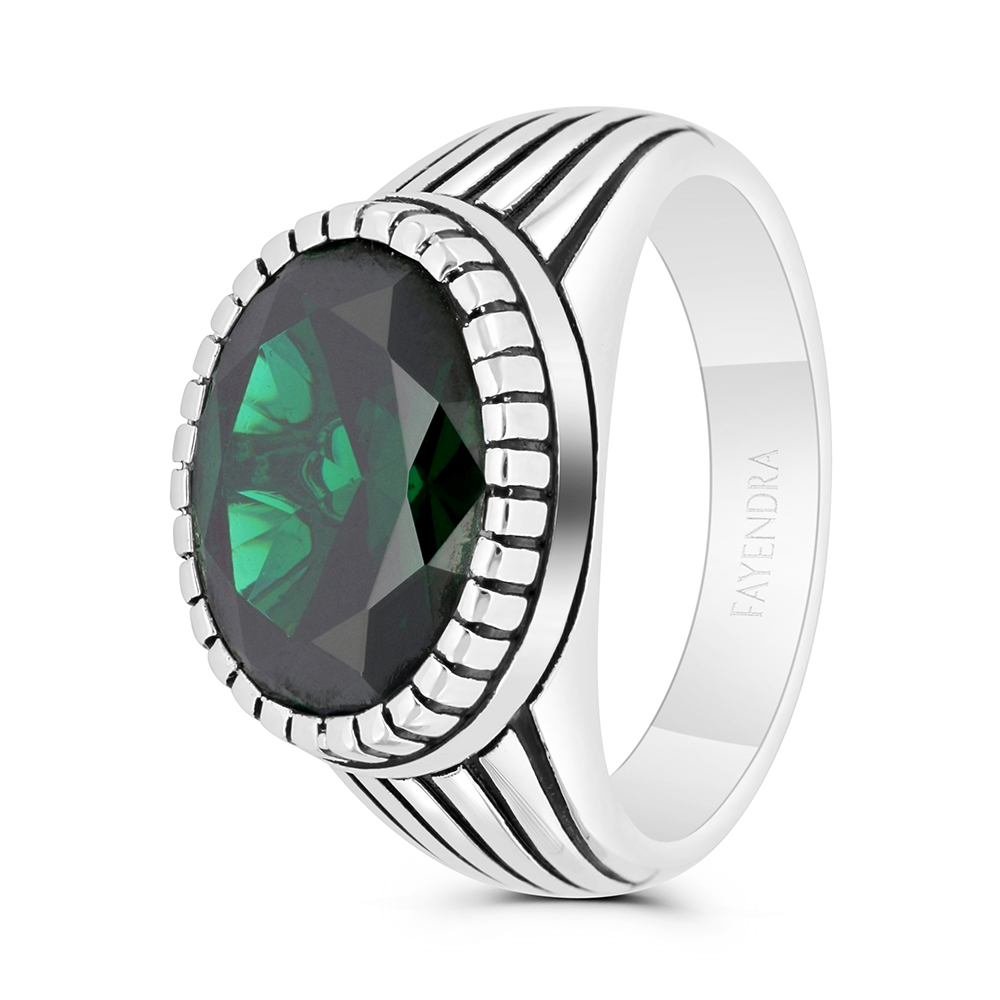 Sterling Silver 925 Ring Rhodium And Black Plated Embedded With Emerald Zircon For Men