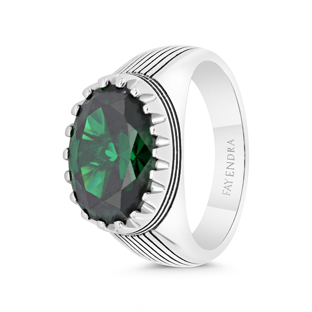 Sterling Silver 925 Ring Rhodium And Black Plated Embedded With Emerald Zircon For Men