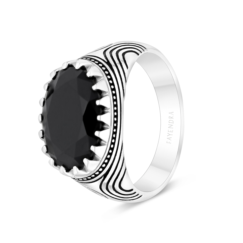 Sterling Silver 925 Ring Rhodium And Black Plated Embedded With Black CZ For Men