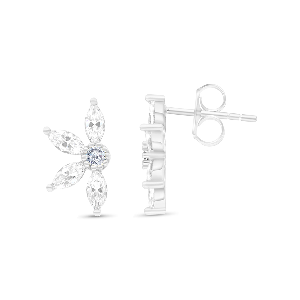 Sterling Silver 925 Earring Rhodium Plated Embedded With White CZ