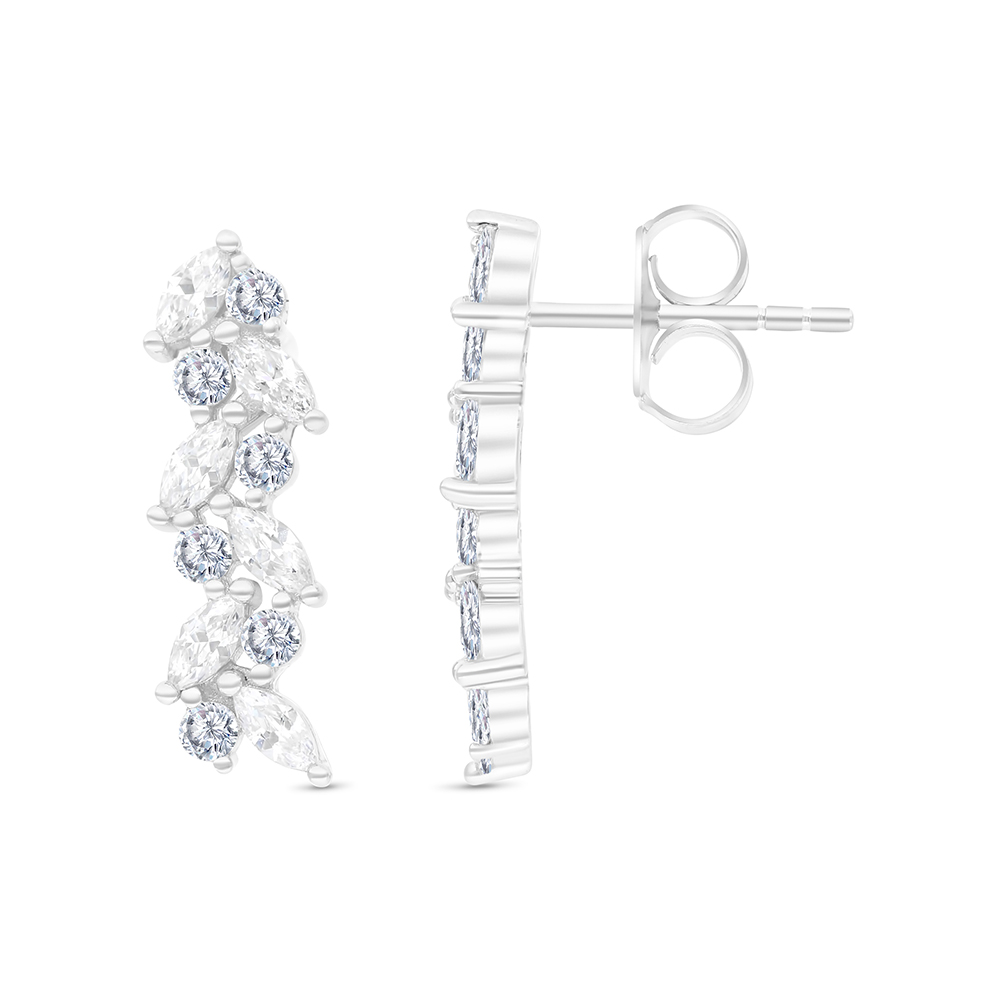 Sterling Silver 925 Earring Rhodium Plated Embedded With White CZ