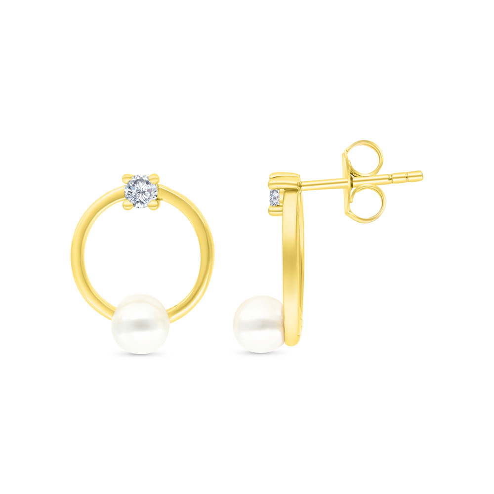 Sterling Silver 925 Earring Gold Plated Embedded With White Shell Pearl And White CZ