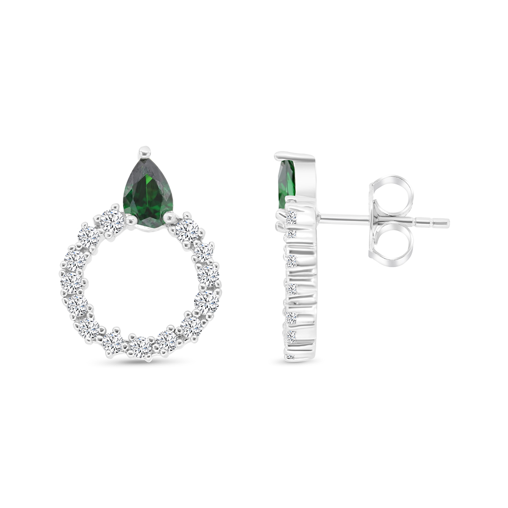 Sterling Silver 925 Earring Rhodium Plated Embedded With Emerald Zircon And White CZ