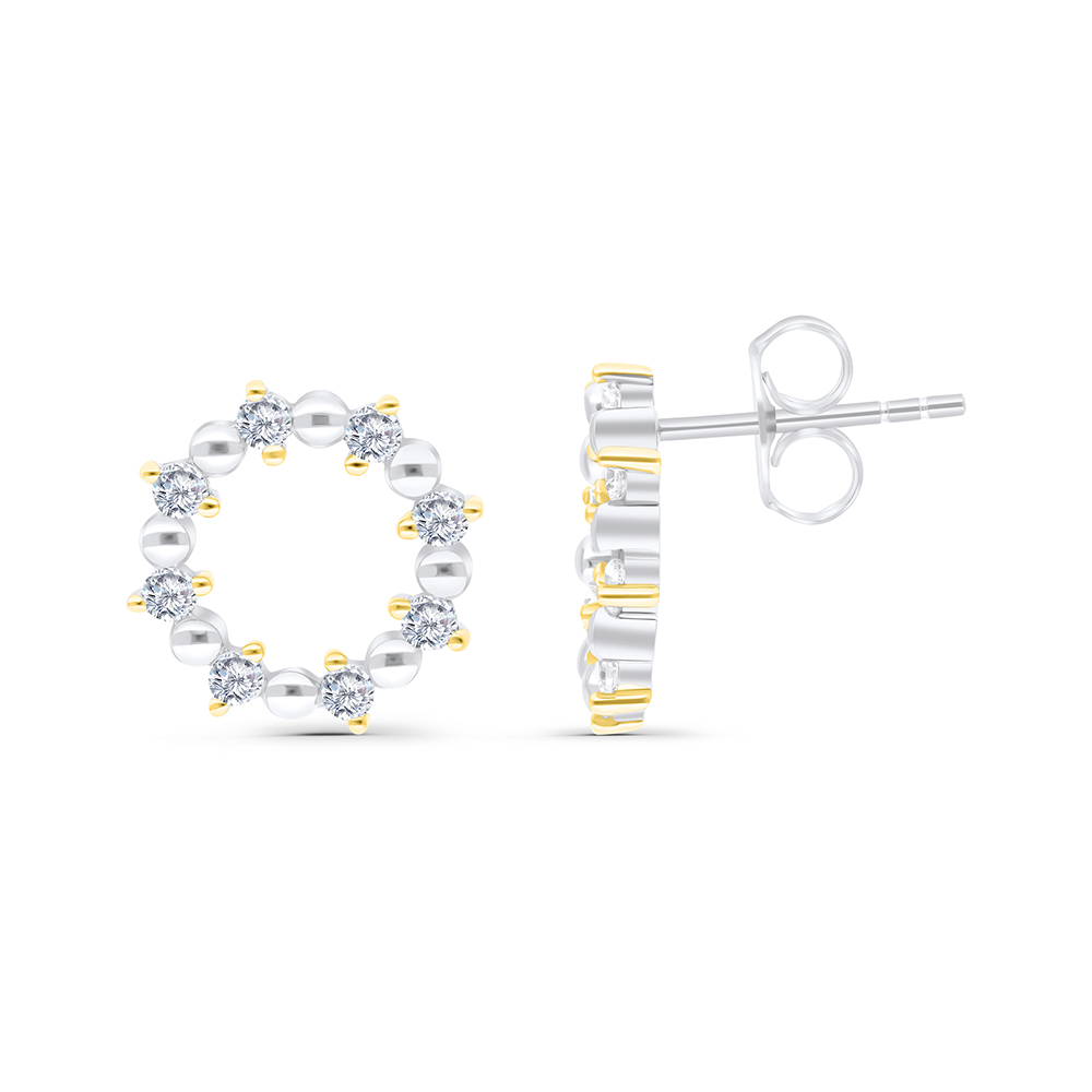 Sterling Silver 925 Earring Rhodium And Gold Plated Embedded With White CZ