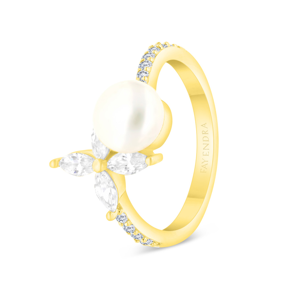 Sterling Silver 925 Ring Gold Plated Embedded With White Shell Pearl And White CZ