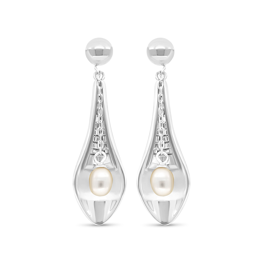 Sterling Silver 925 Earring Rhodium Plated Embedded With White Shell Pearl