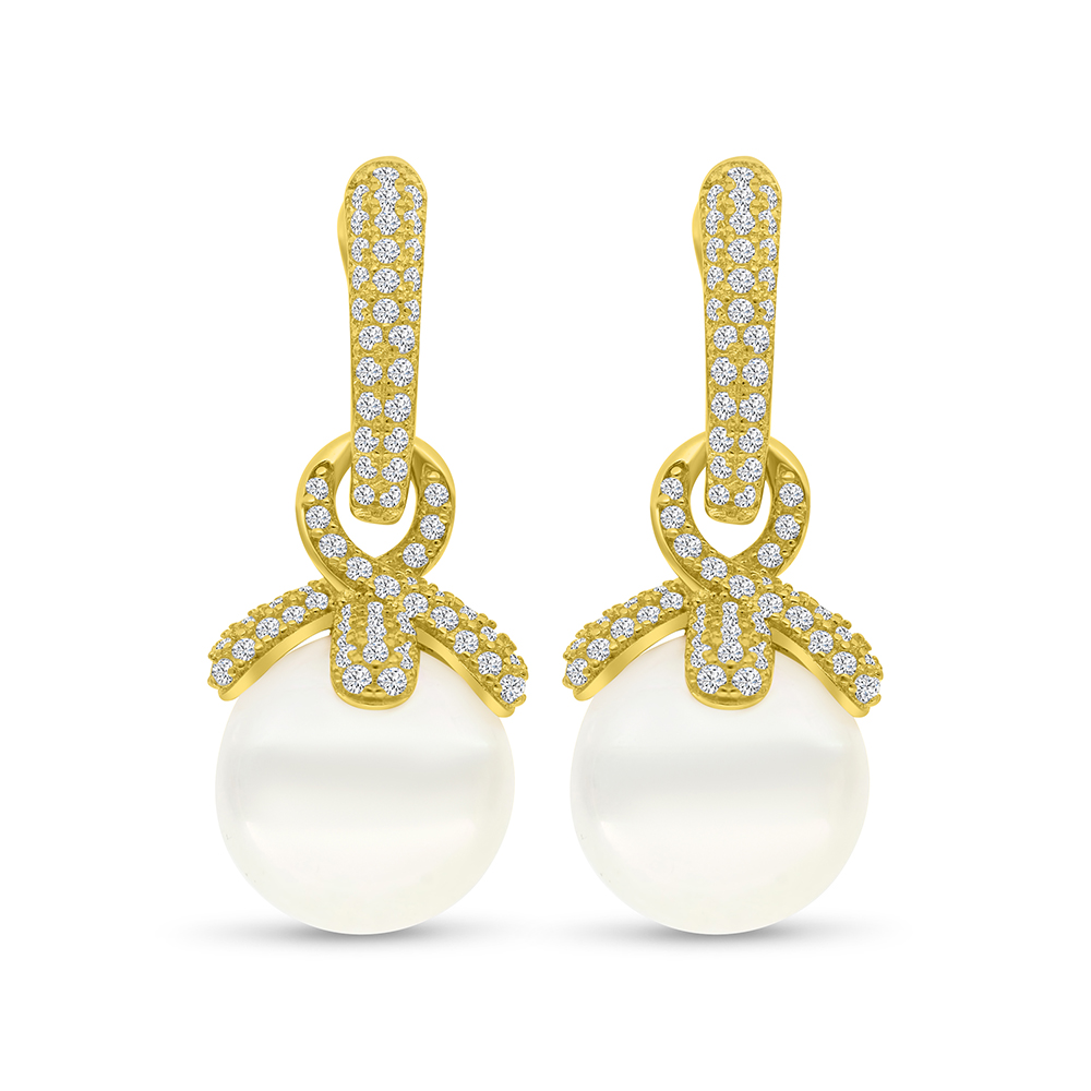 Sterling Silver 925 Earring Gold Plated Embedded With White Shell Pearl And White CZ