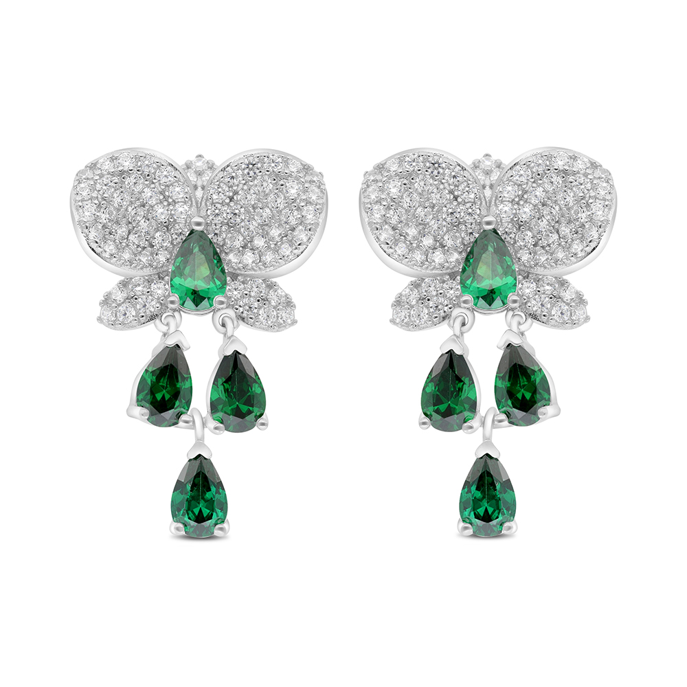 Sterling Silver 925 Earring Rhodium Plated Embedded With Emerald Zircon And White CZ