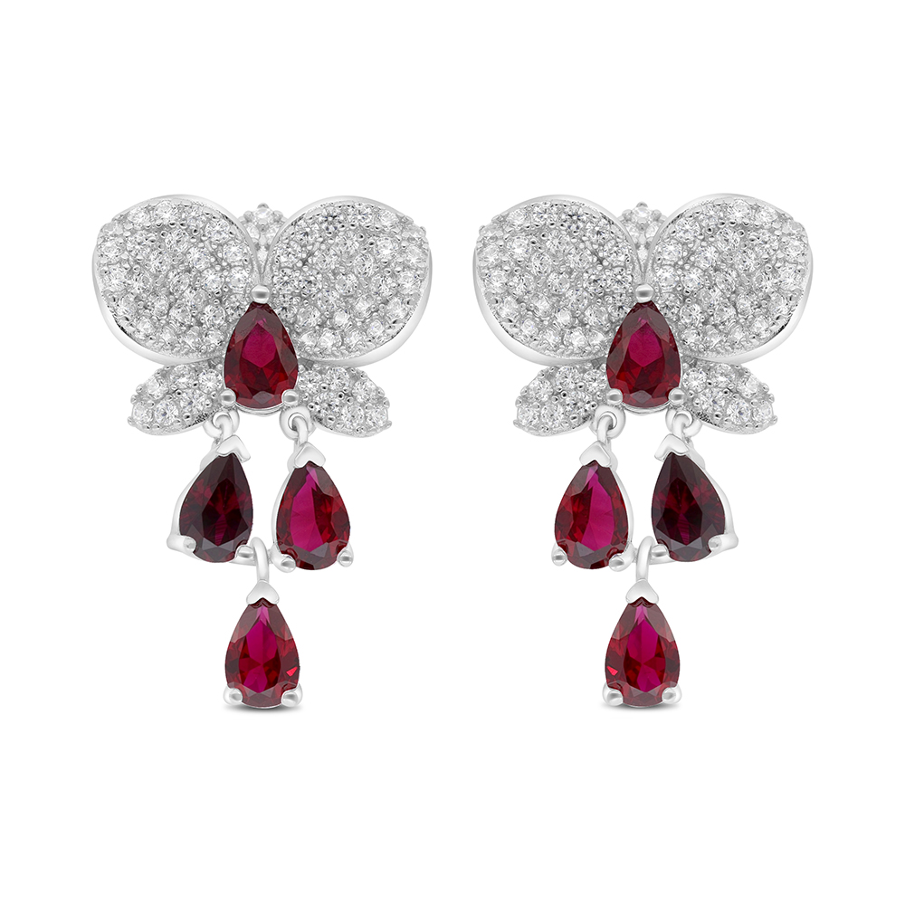 Sterling Silver 925 Earring Rhodium Plated Embedded With Ruby Corundum And White CZ