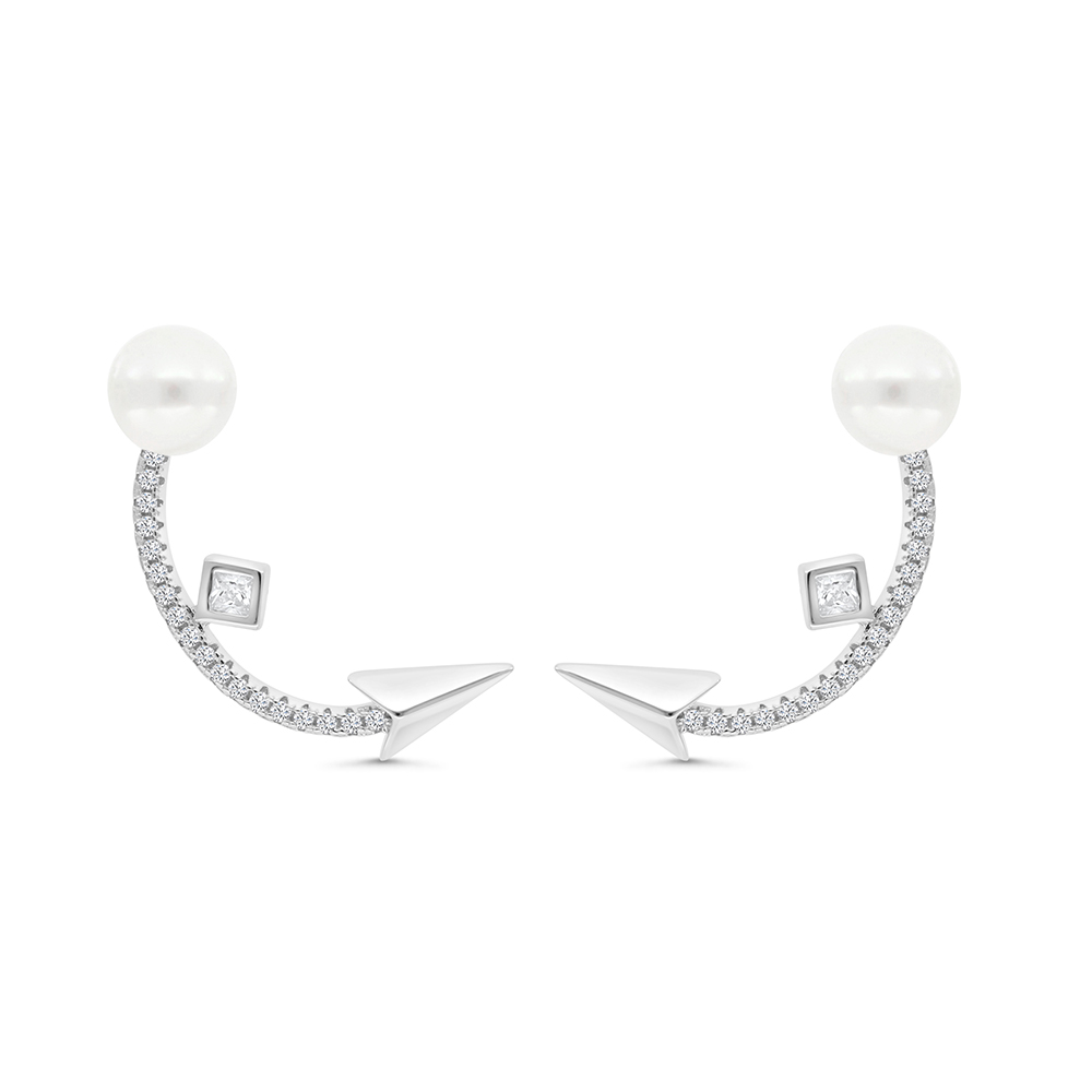 Sterling Silver 925 Earring Rhodium Plated Embedded With White Shell Pearl And White CZ