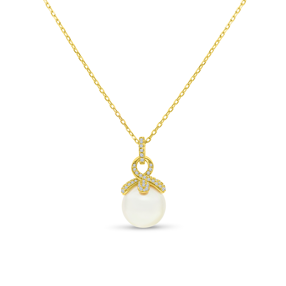 Sterling Silver 925 Necklace Gold Plated Embedded With White Shell Pearl And White CZ